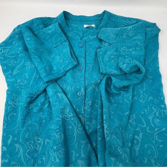 Erin Jacquard Floral Print Linen Blend Tunic Top Plus 3X 3/4 Sleeve Blue Button - Picture 10 of 14